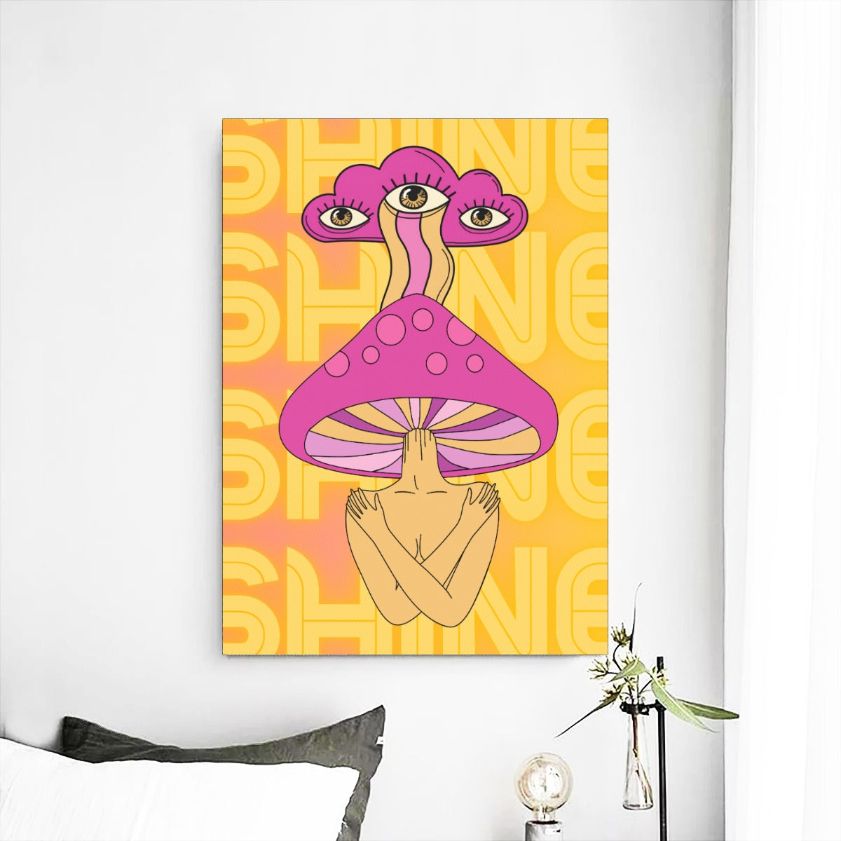 Mushroom goddess wall decor hanging in a Denver apartment designed by a local artist 
